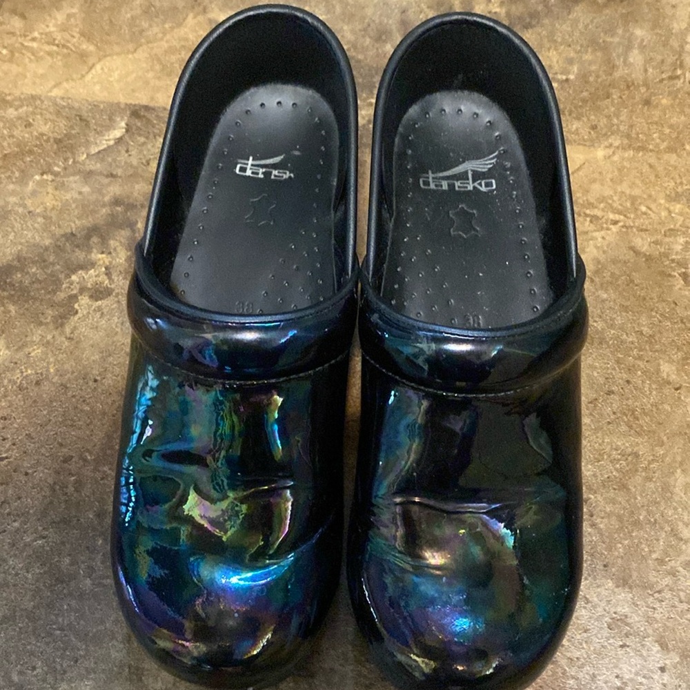 Dansko Iridescent Blue and Black Clogs
